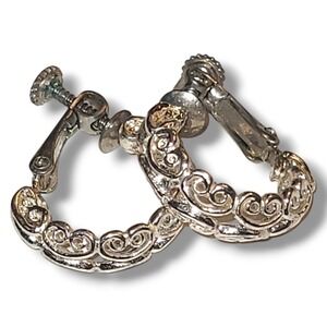 Vintage Napier Silver Tone Filigree Hoop Clip-On Earrings Signed